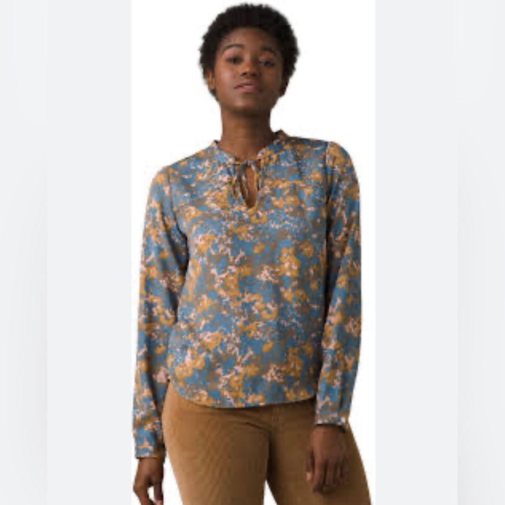 prAna Wild at Heart Top Long Sleeve Women’s Blue/Beige Floral Print Blouse Sz XL